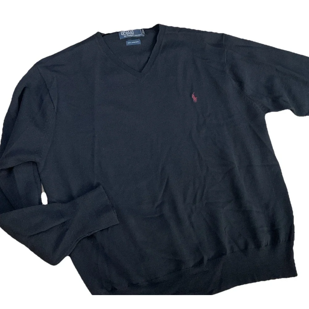Vintage Polo Ralph Lauren Lambswool‎ V-Neck Sweater Mens XL Navy Blue Pony Knit
